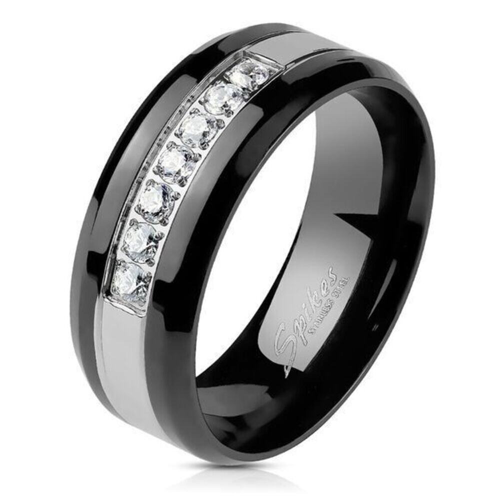 7 CZ Lined Black PVD Plated Grooved Steel Centered Stainless Steel Ring Size 9